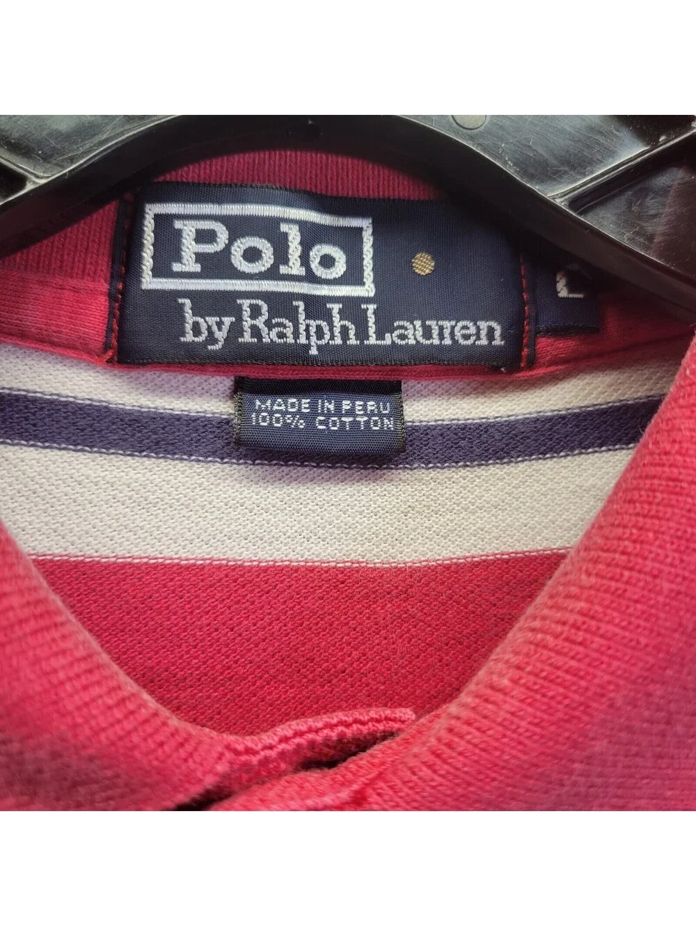 Men's Polo by Ralp Lauren Pink, White with Black 3 Stripe Polo Shirt Sz Large